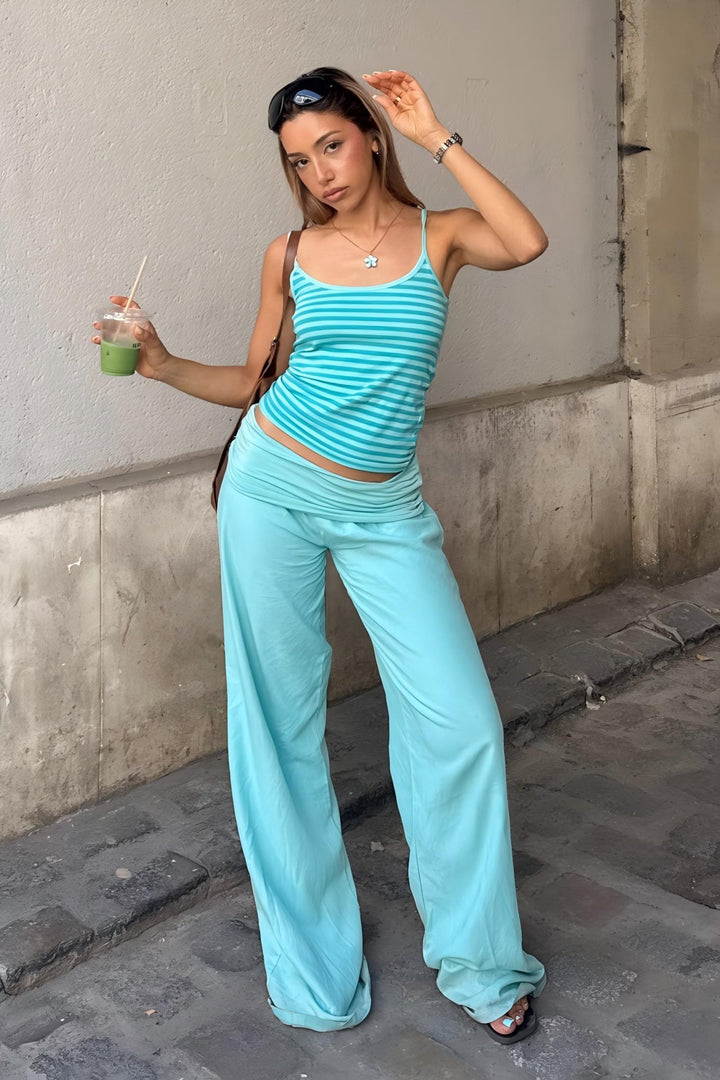Striped Cami and Foldover Wide Leg Pants Set