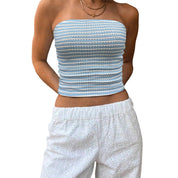 Blue and white striped strapless sleeveless top