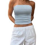 Blue and white striped strapless sleeveless top