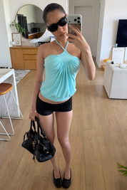 Coquette Light Blue Halter Neck Ruched Top