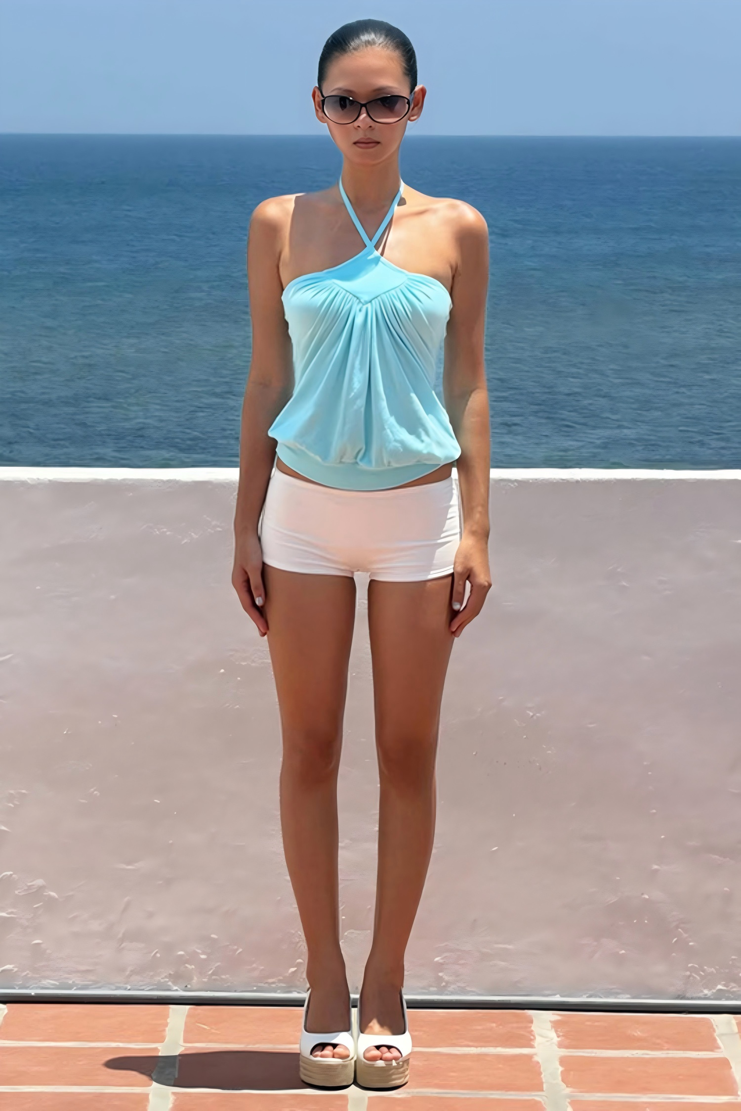 Coquette Light Blue Halter Neck Ruched Top