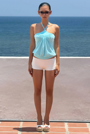 Coquette Light Blue Halter Neck Ruched Top