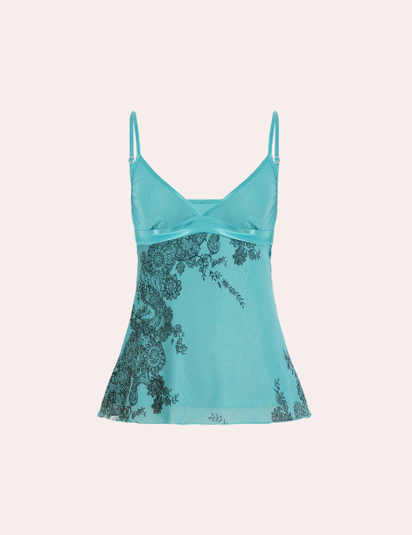 Vintage Teal Floral Lace  Back Tie Bow Cami Top