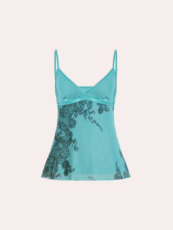 Vintage Teal Floral Lace  Back Tie Bow Cami Top