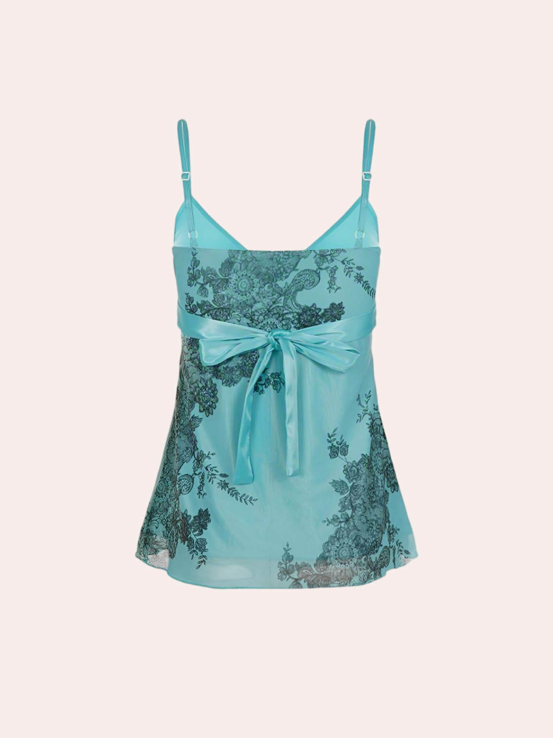 Vintage Teal Floral Lace  Back Tie Bow Cami Top