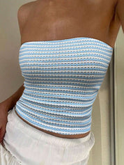 Blue and white striped strapless sleeveless top