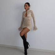 Lace-trimmed, flared, long-sleeved, fitted bodycon dress