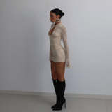 Lace-trimmed, flared, long-sleeved, fitted bodycon dress