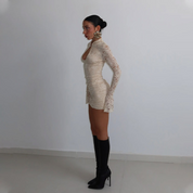 Lace-trimmed, flared, long-sleeved, fitted bodycon dress