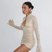 Lace-trimmed, flared, long-sleeved, fitted bodycon dress