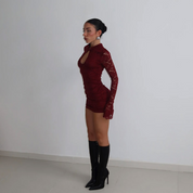 Lace-trimmed, flared, long-sleeved, fitted bodycon dress
