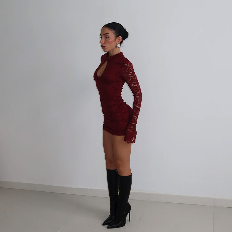 Lace-trimmed, flared, long-sleeved, fitted bodycon dress