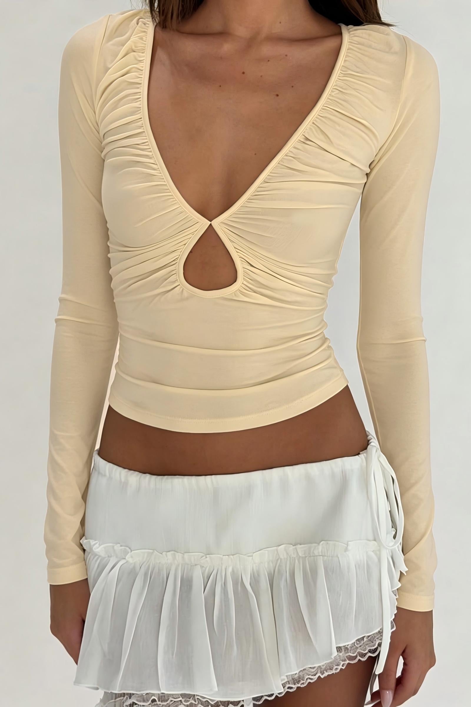 Ruched Cutout V-Neck Long Sleeve Top