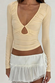 Ruched Cutout V-Neck Long Sleeve Top