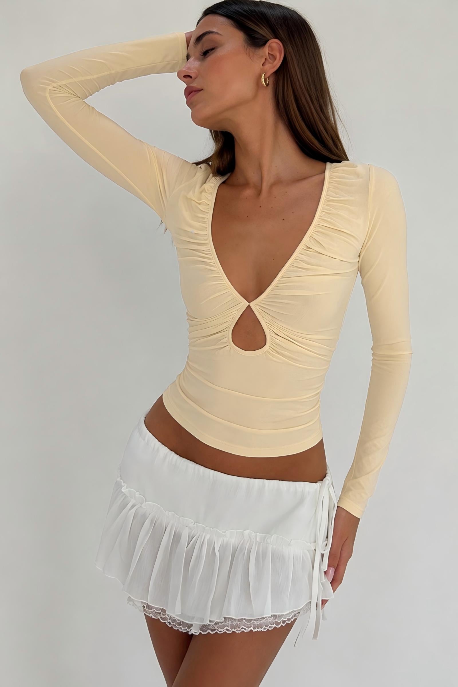 Ruched Cutout V-Neck Long Sleeve Top