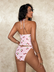 Pink Checkered Strap Swimsuit With Cherries