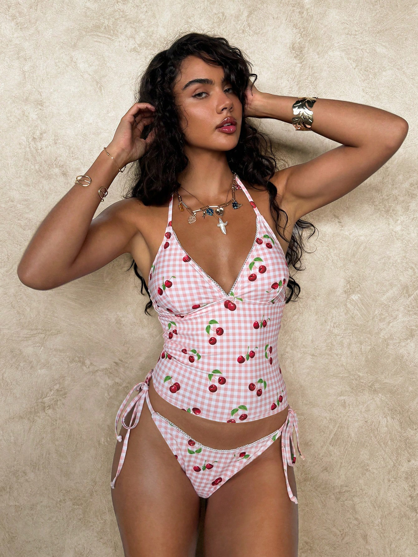 Pink Checkered Strap Swimsuit With Cherries