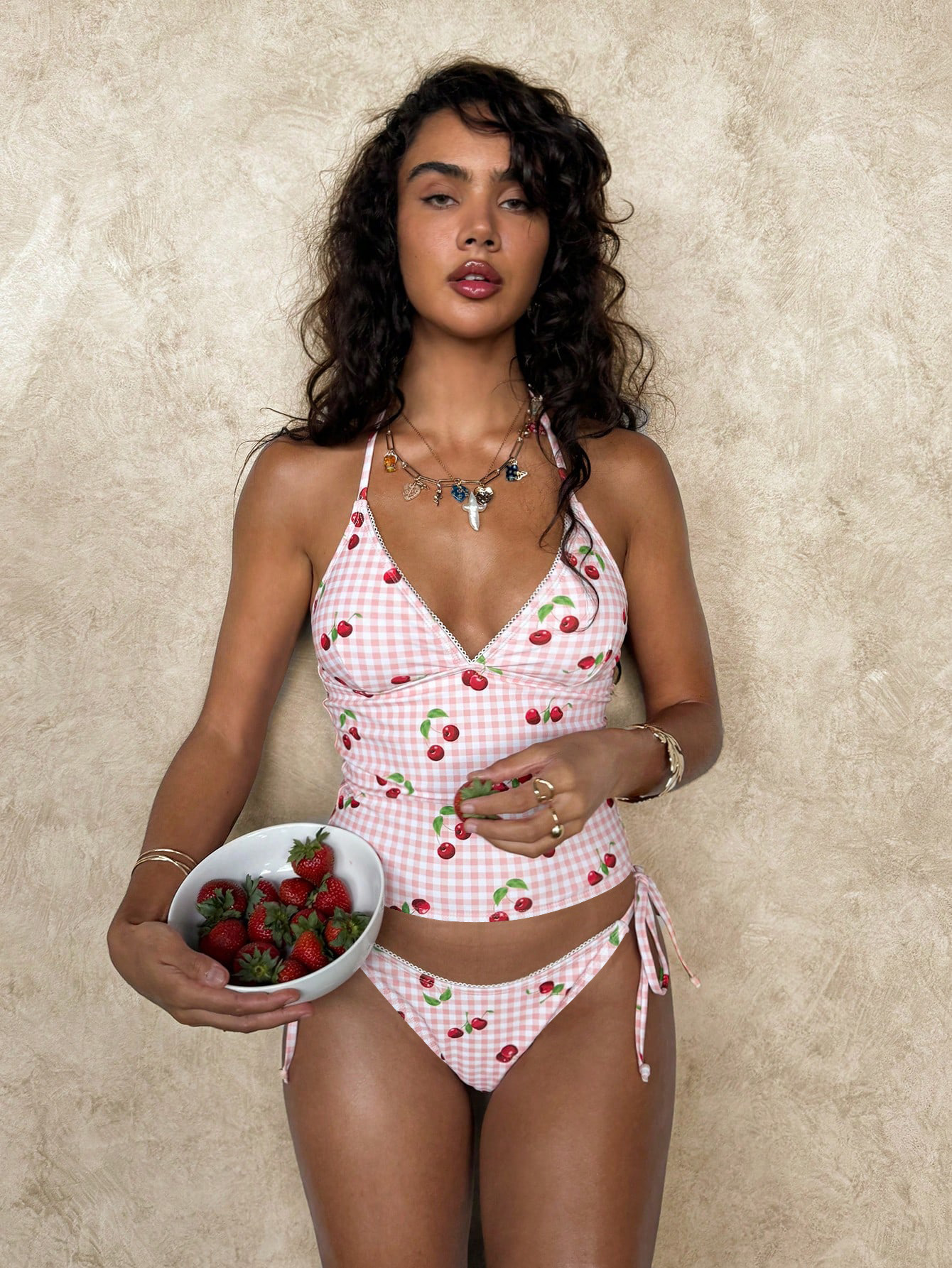 Pink Checkered Strap Swimsuit With Cherries