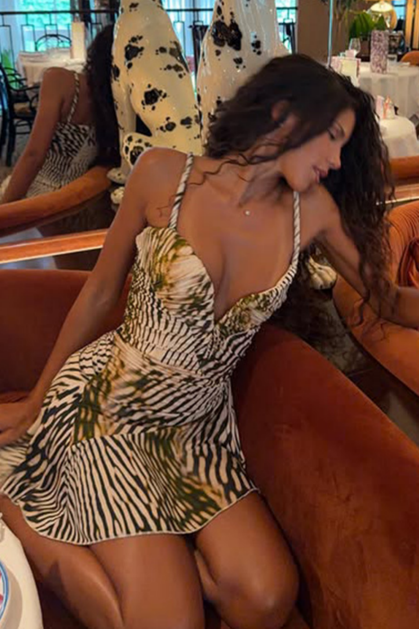 Zebra Print Plunge Neck Ruffle Hem Mini Dress