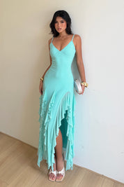 Aqua Blue Asymmetric Ruffle Hem Summer Party Dress