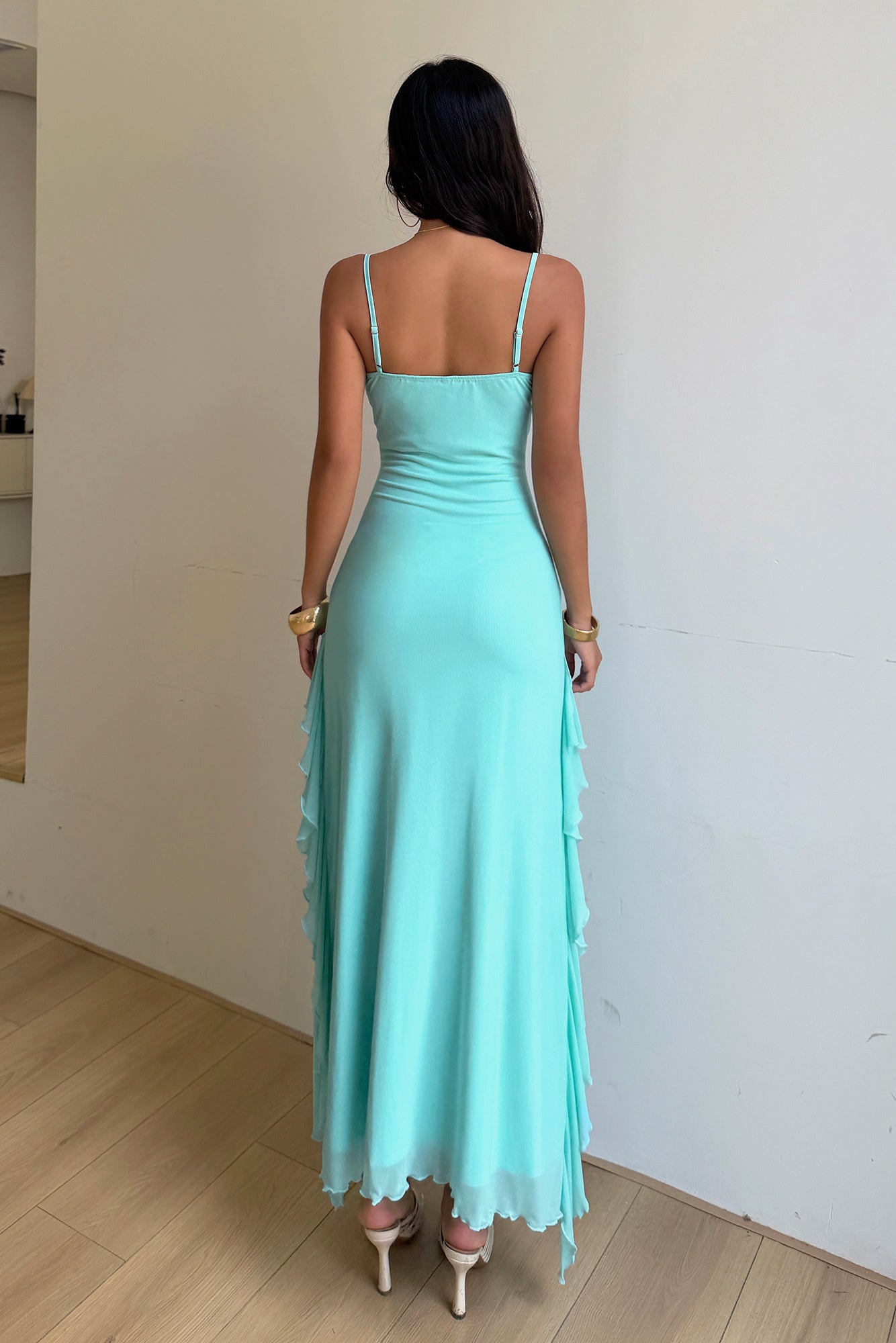 Aqua Blue Asymmetric Ruffle Hem Summer Party Dress