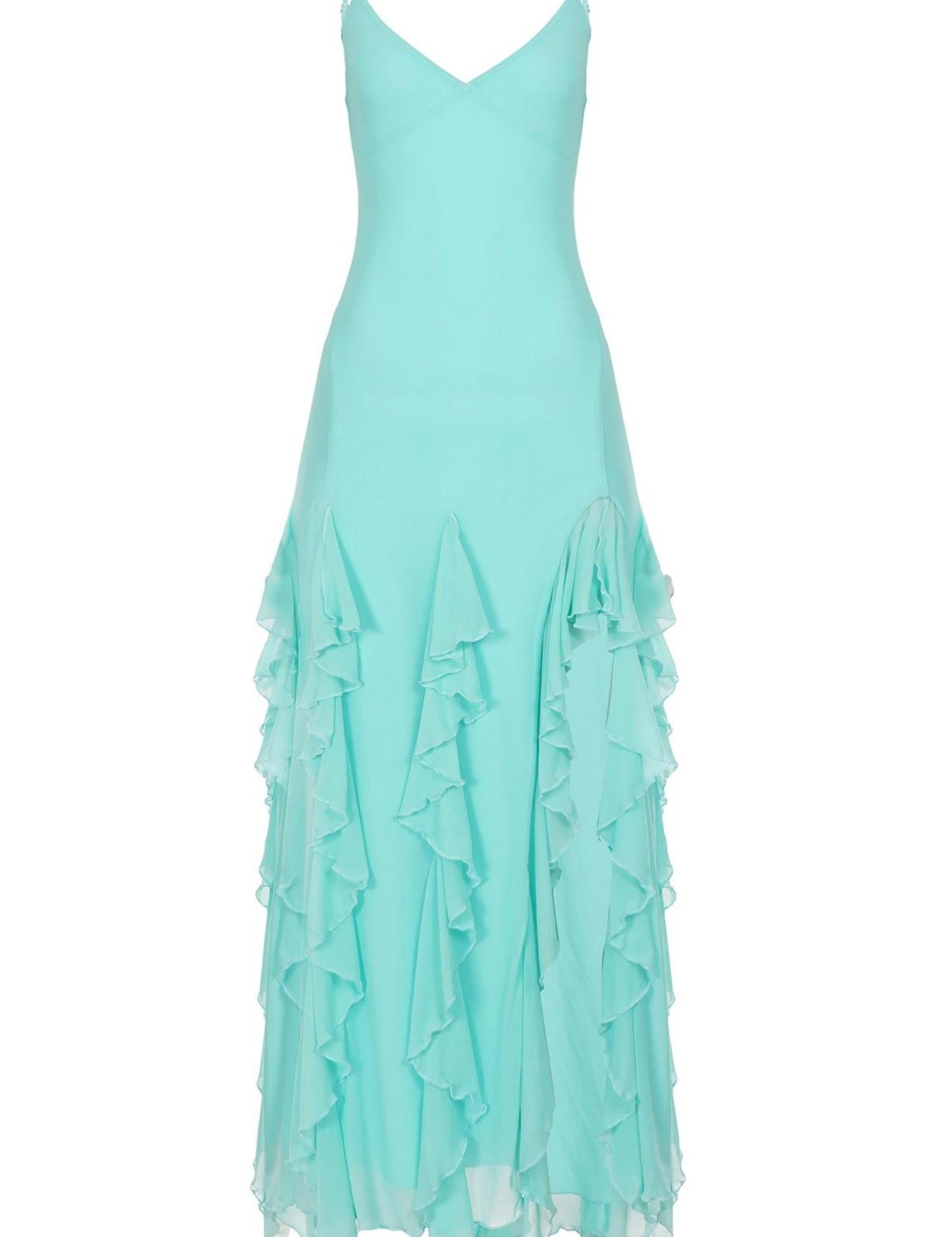 Aqua Blue Asymmetric Ruffle Hem Summer Party Dress