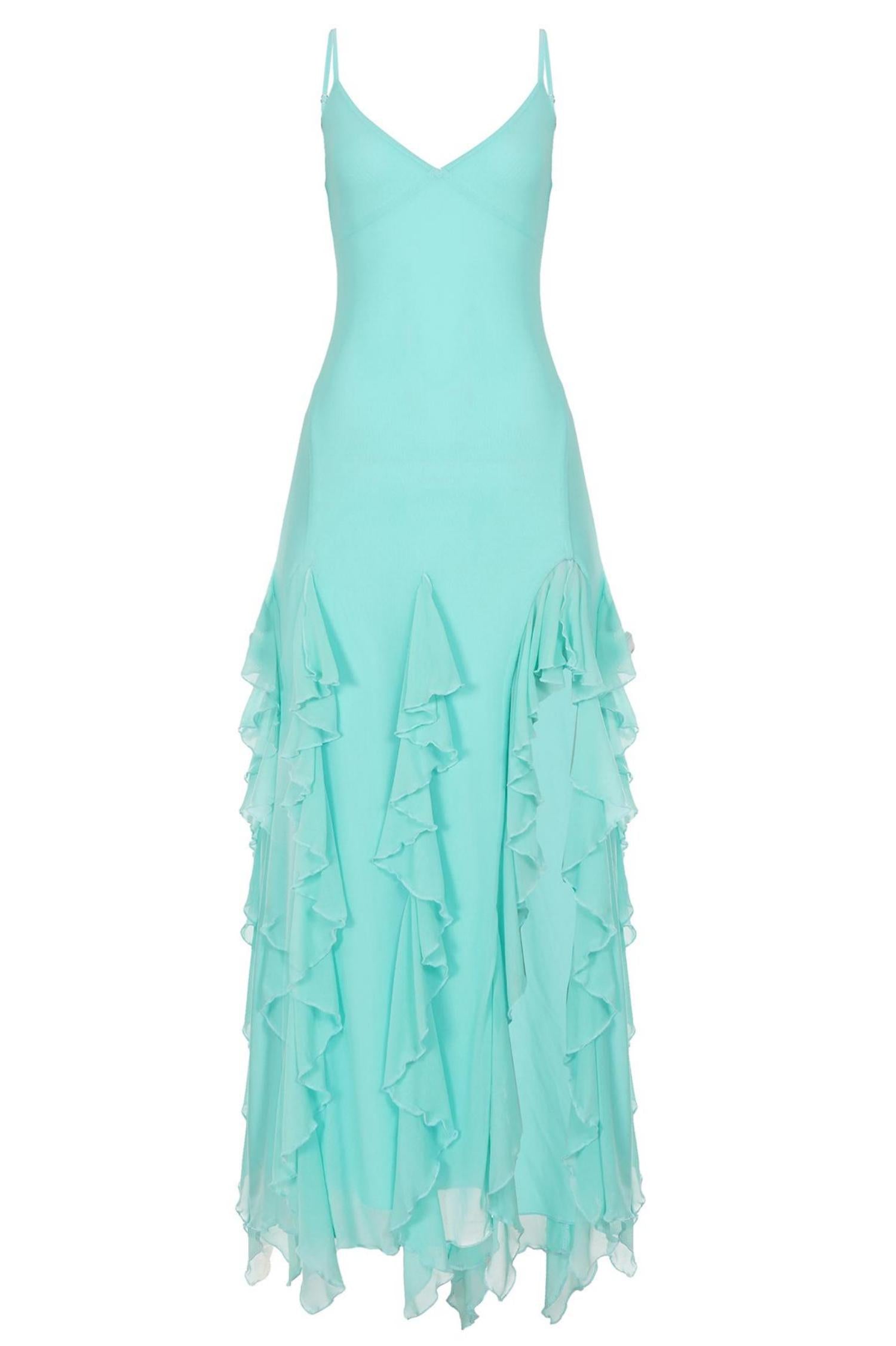 Aqua Blue Asymmetric Ruffle Hem Summer Party Dress