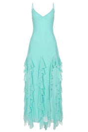 Aqua Blue Asymmetric Ruffle Hem Summer Party Dress