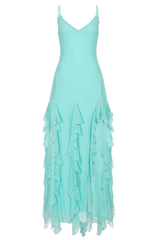 Aqua Blue Asymmetric Ruffle Hem Summer Party Dress