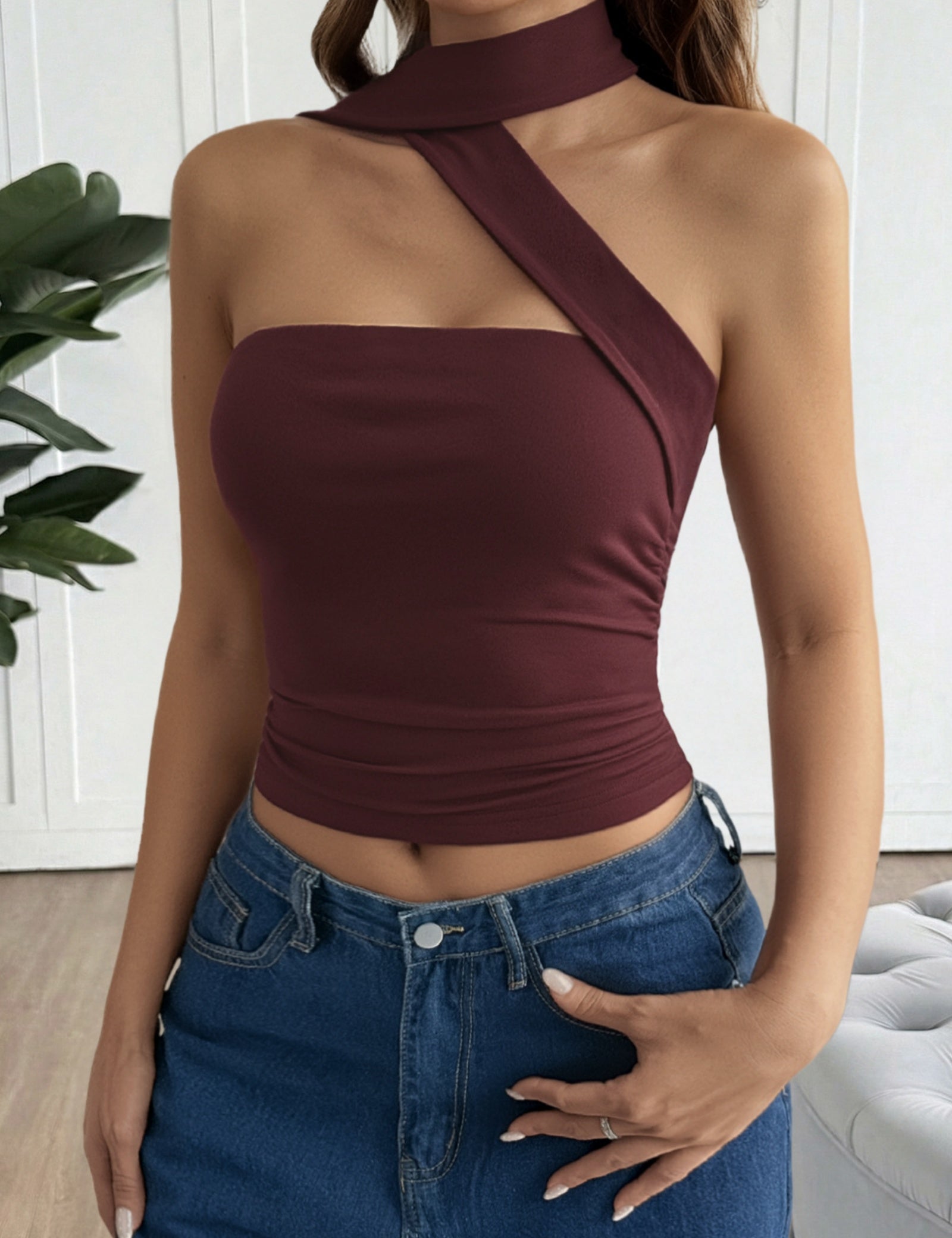 Asymmetric One-Shoulder Scarf Neck Crop Top