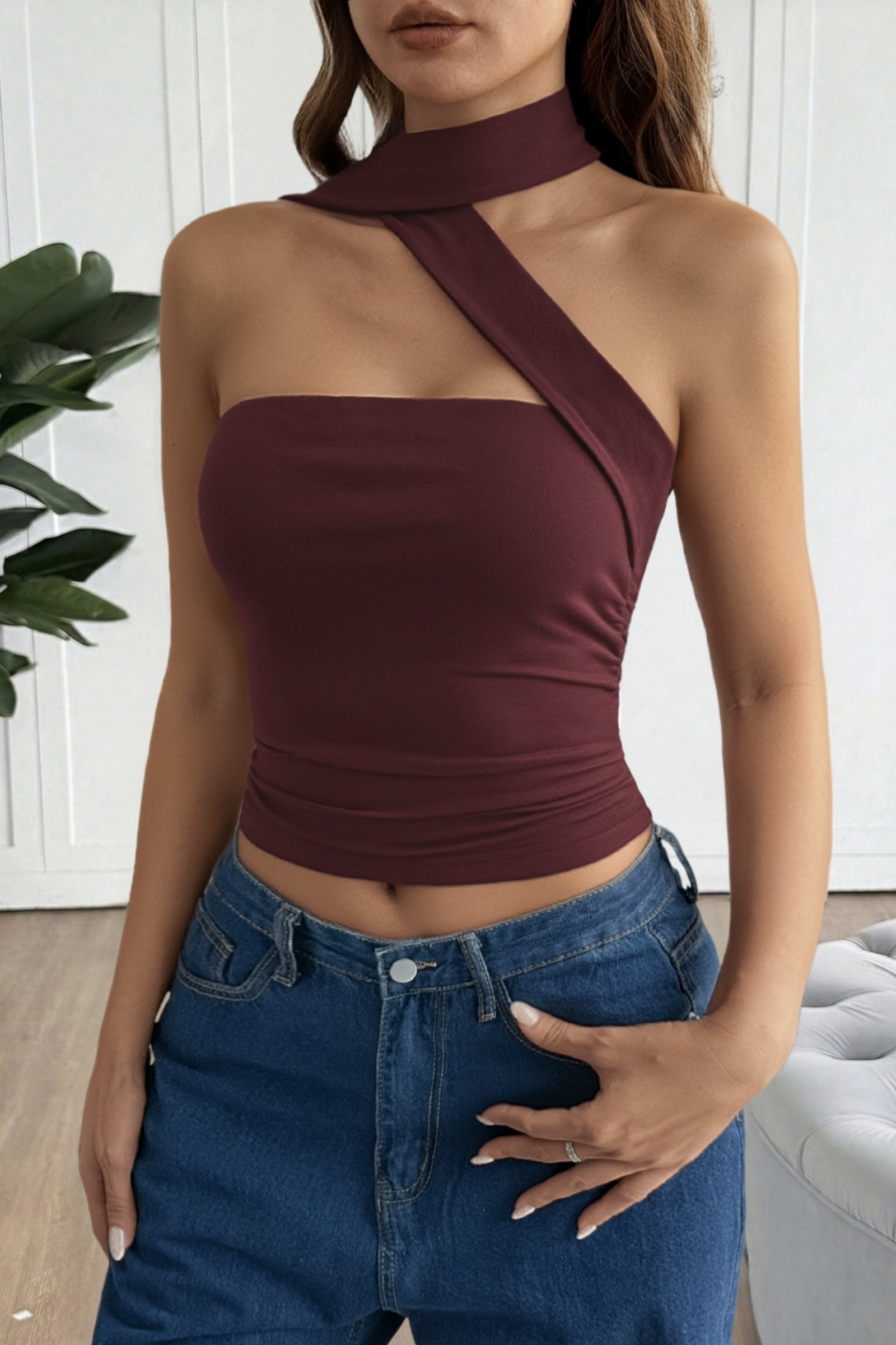 Asymmetric One-Shoulder Scarf Neck Crop Top