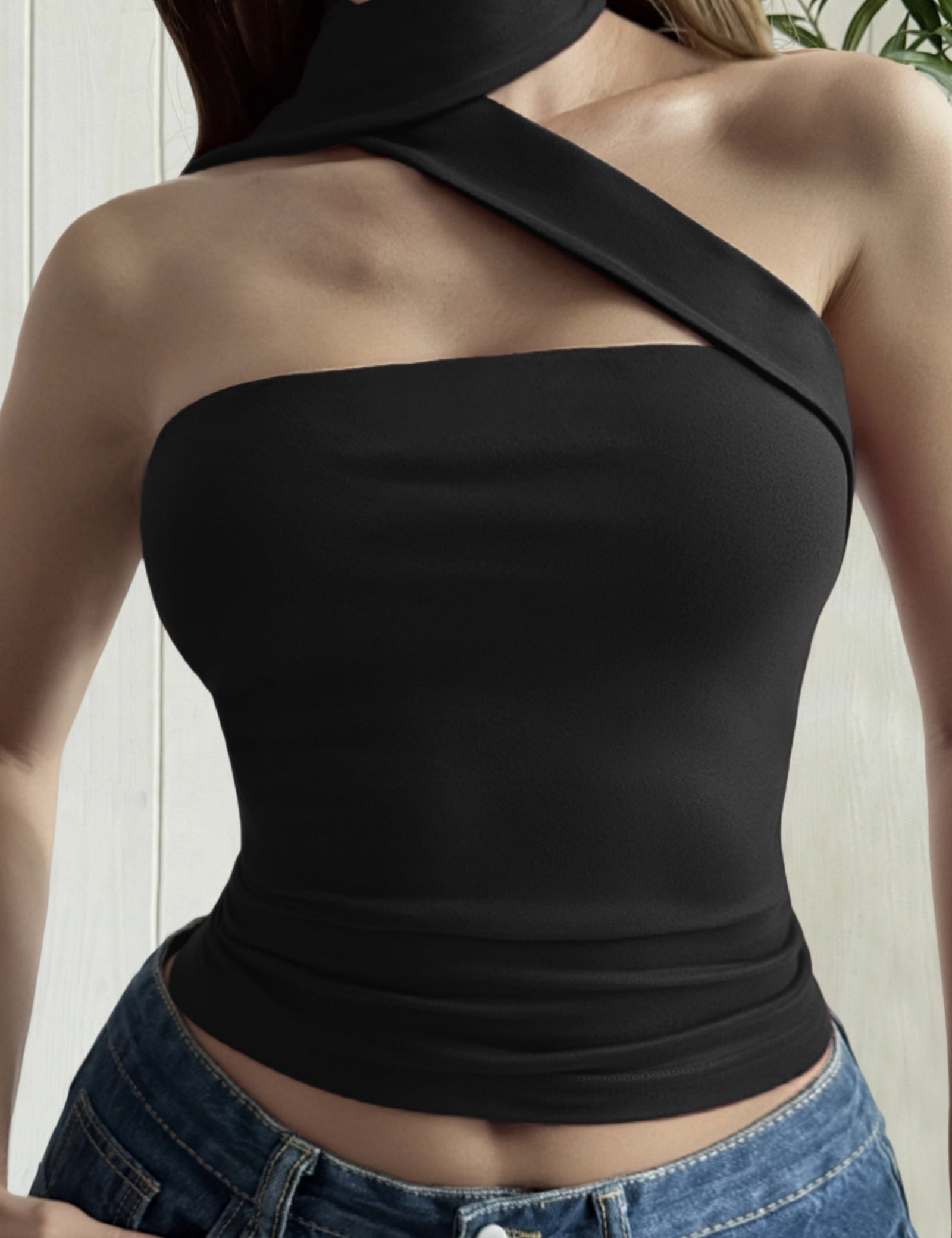 Asymmetric One-Shoulder Scarf Neck Crop Top