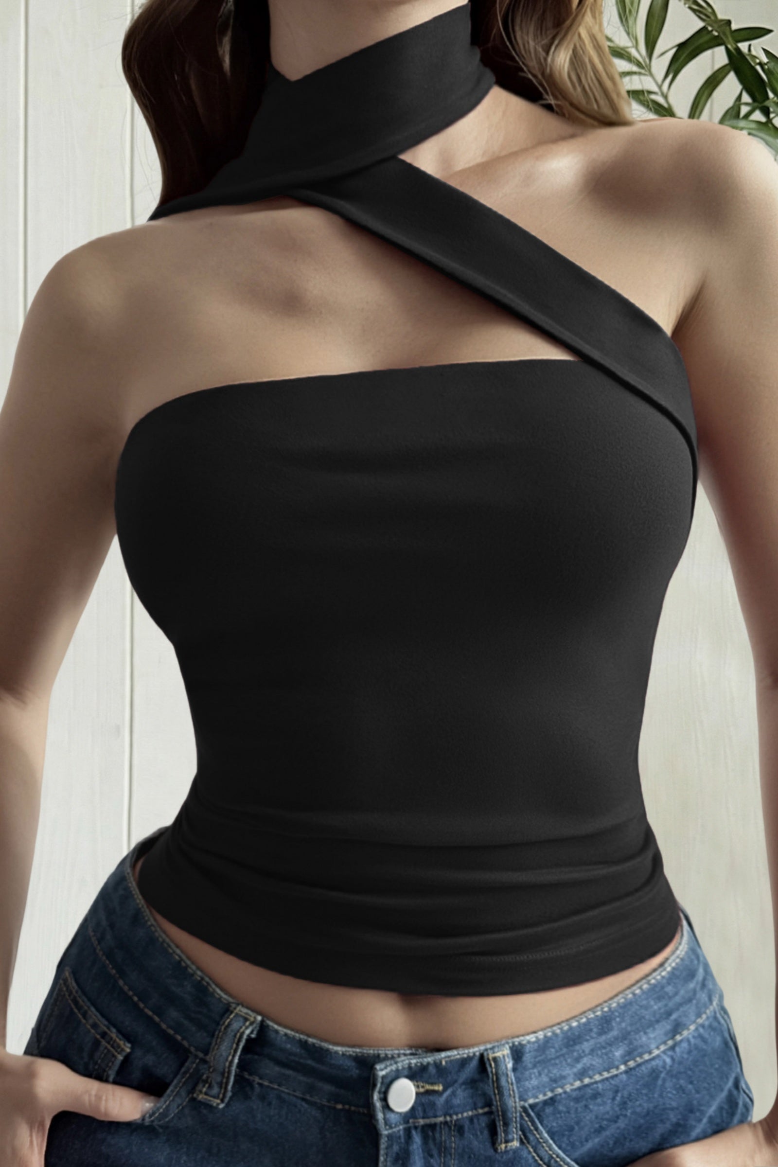 Asymmetric One-Shoulder Scarf Neck Crop Top