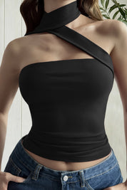 Asymmetric One-Shoulder Scarf Neck Crop Top