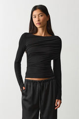 Asymmetrical Ruched Long Sleeve Slim Fit Top