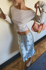 Y2K Baby Blue Polka Dot Low Rise Satin Midi Skirt