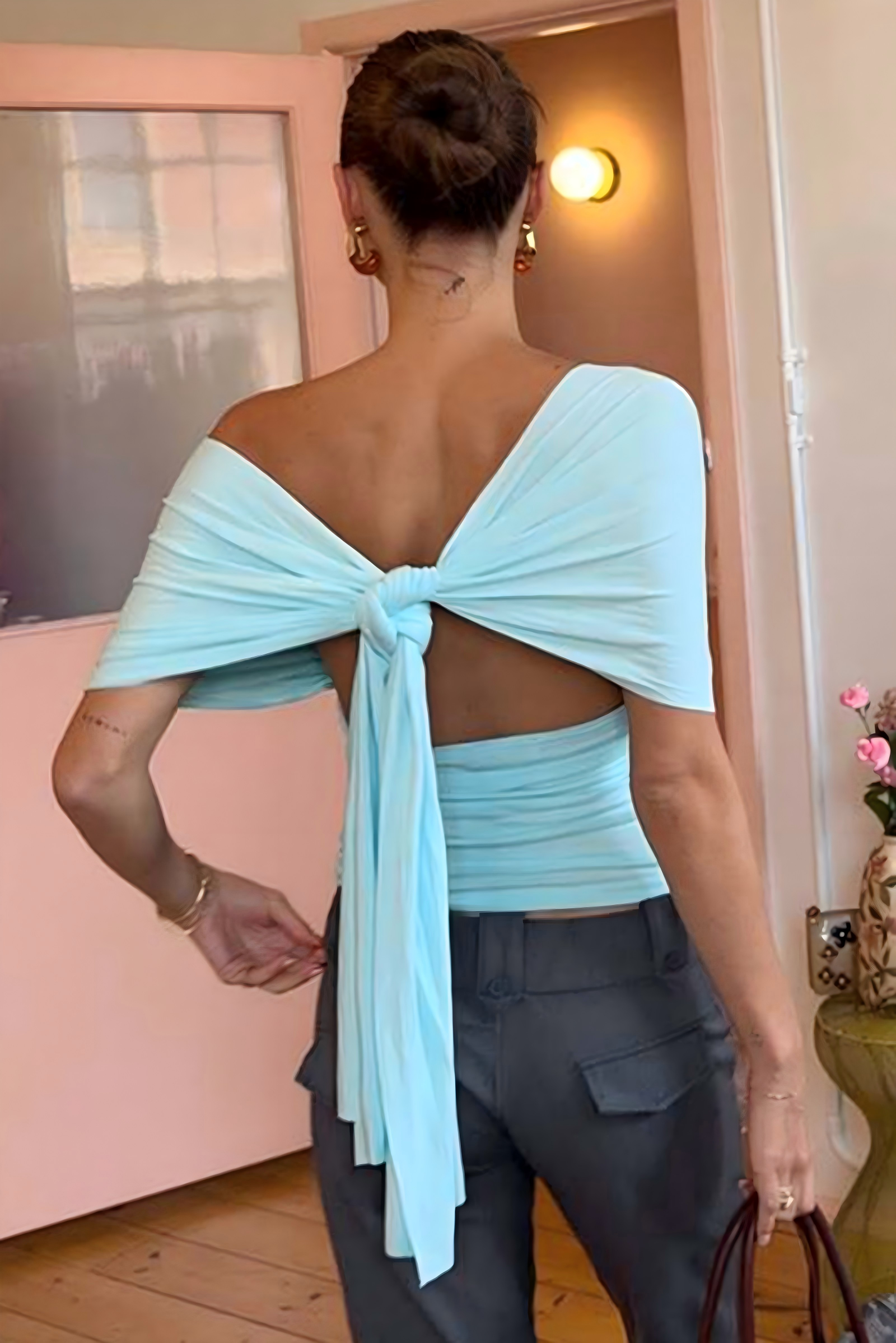 Baby Blue Ruched V-Neck Top Backless Tie Knot Summer Vacation Blouse