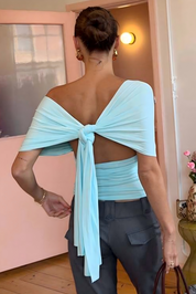 Baby Blue Ruched V-Neck Top Backless Tie Knot Summer Vacation Blouse