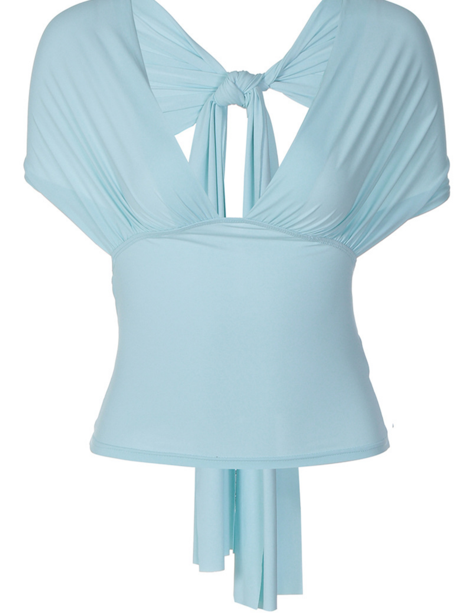 Baby Blue Ruched V-Neck Top Backless Tie Knot Summer Vacation Blouse