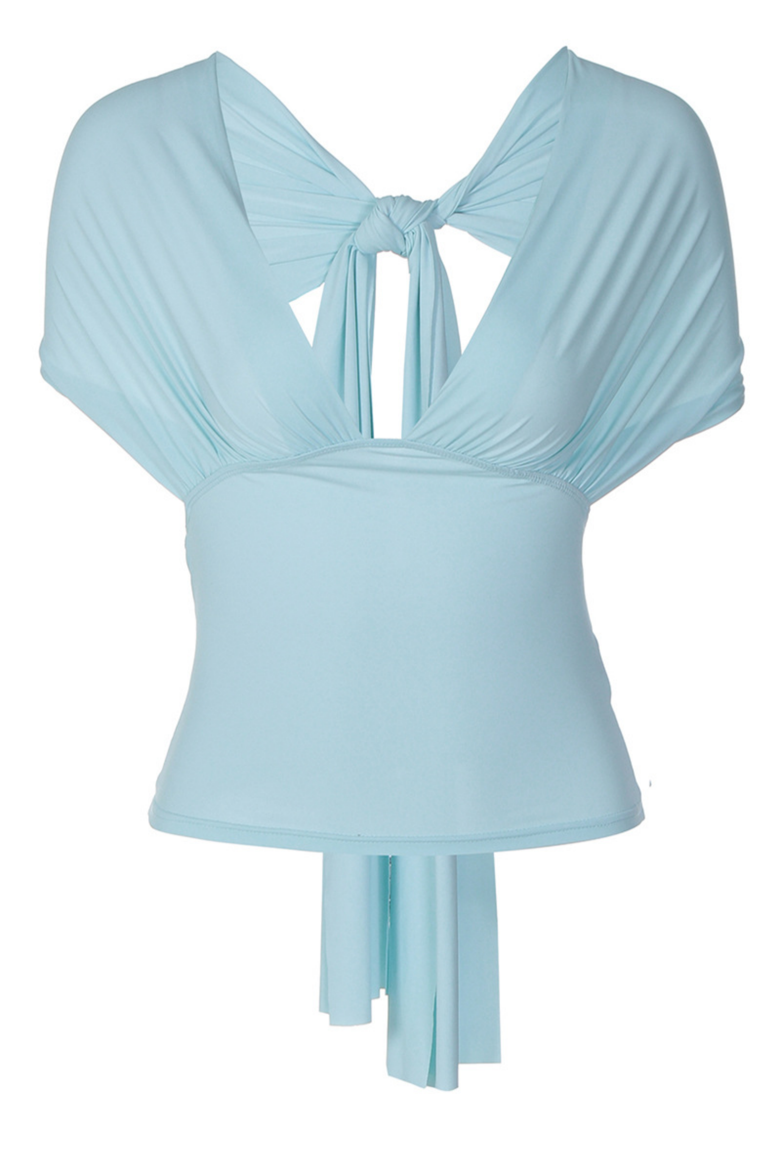 Baby Blue Ruched V-Neck Top Backless Tie Knot Summer Vacation Blouse