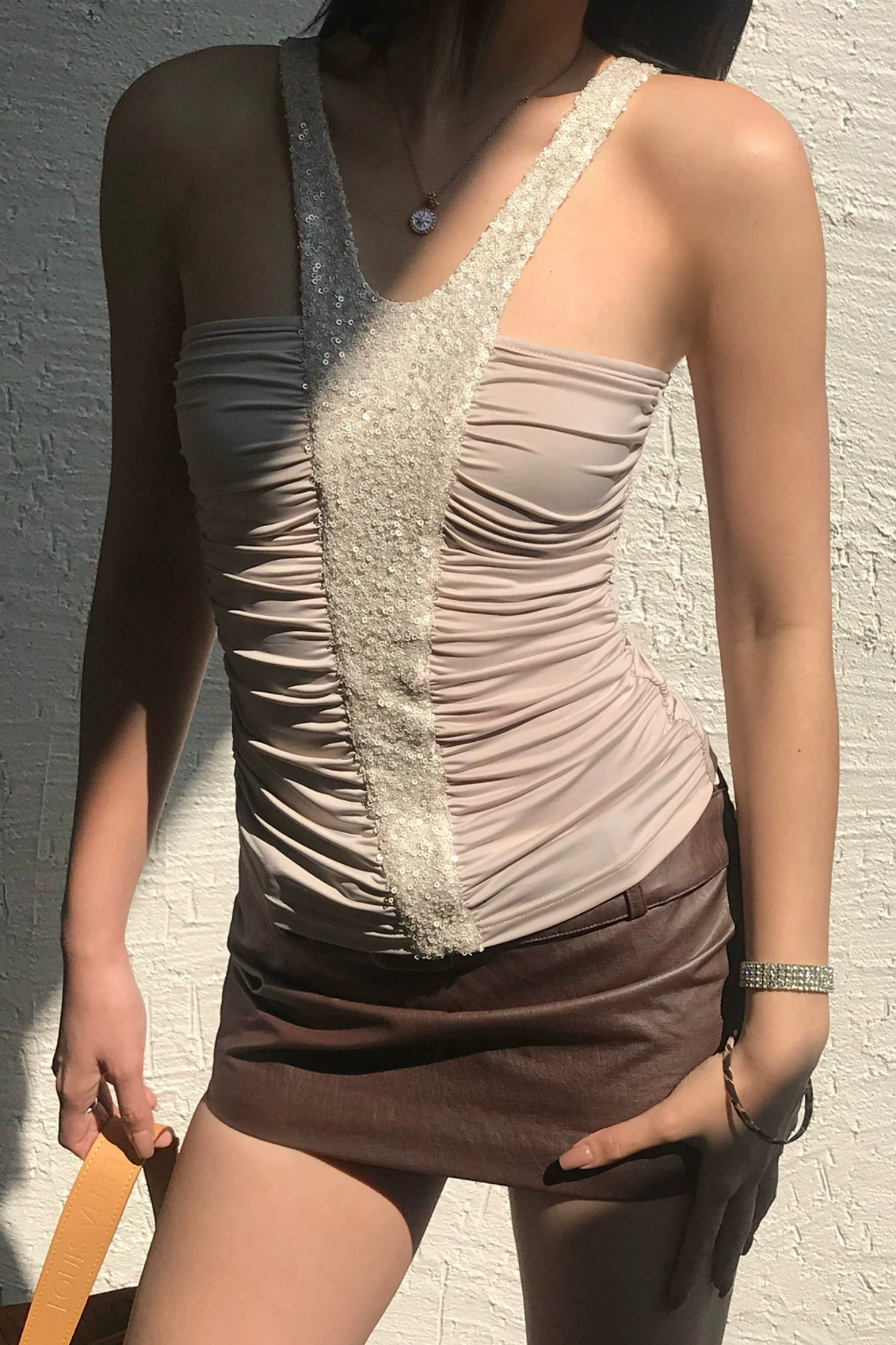 Beaded Sequin Front Ruched Halter Tube Top