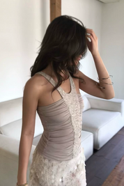 Beaded Sequin Front Ruched Halter Tube Top