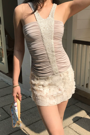 Beaded Sequin Front Ruched Halter Tube Top
