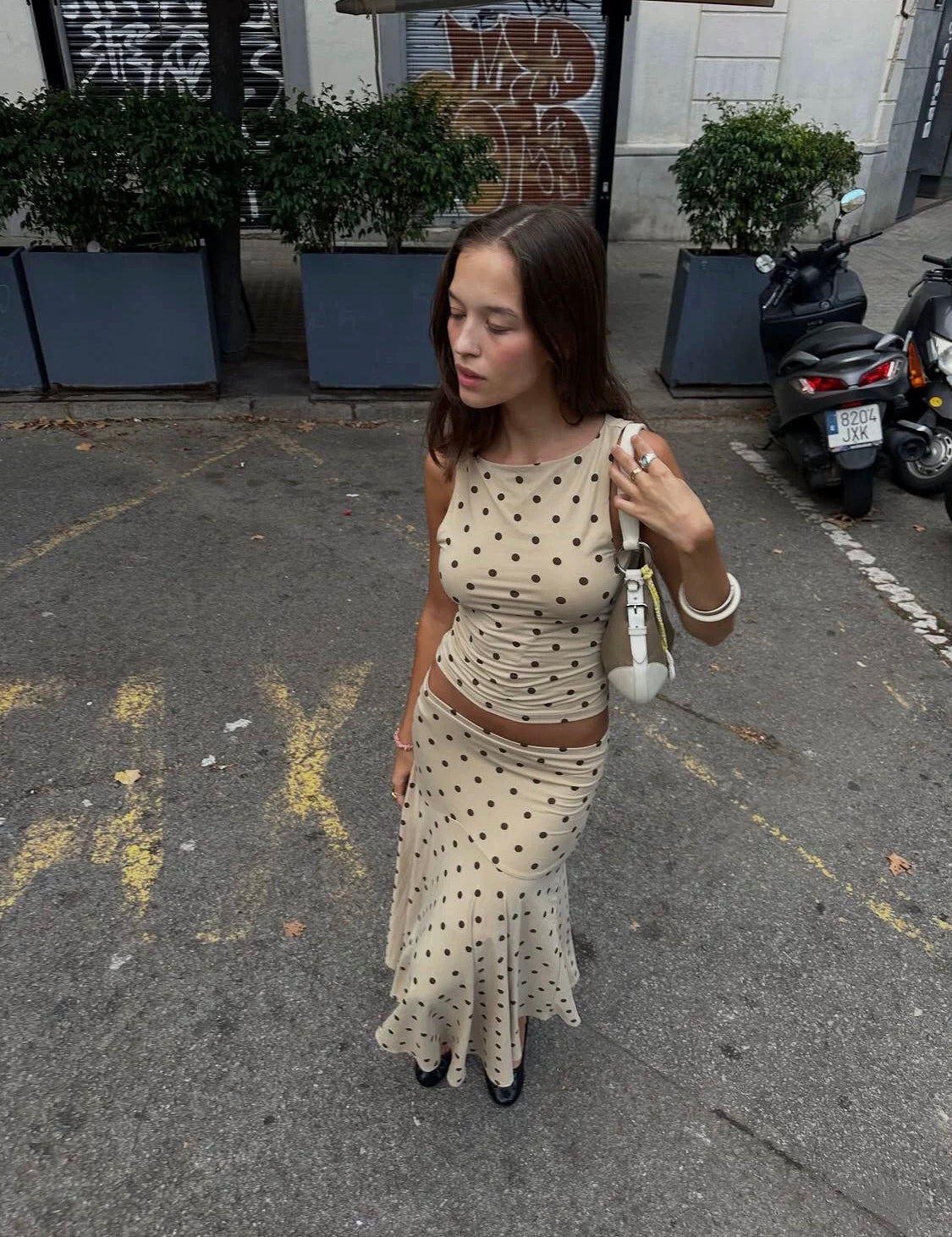 Beige Polka Dot Ruffle Maxi Skirt Set
