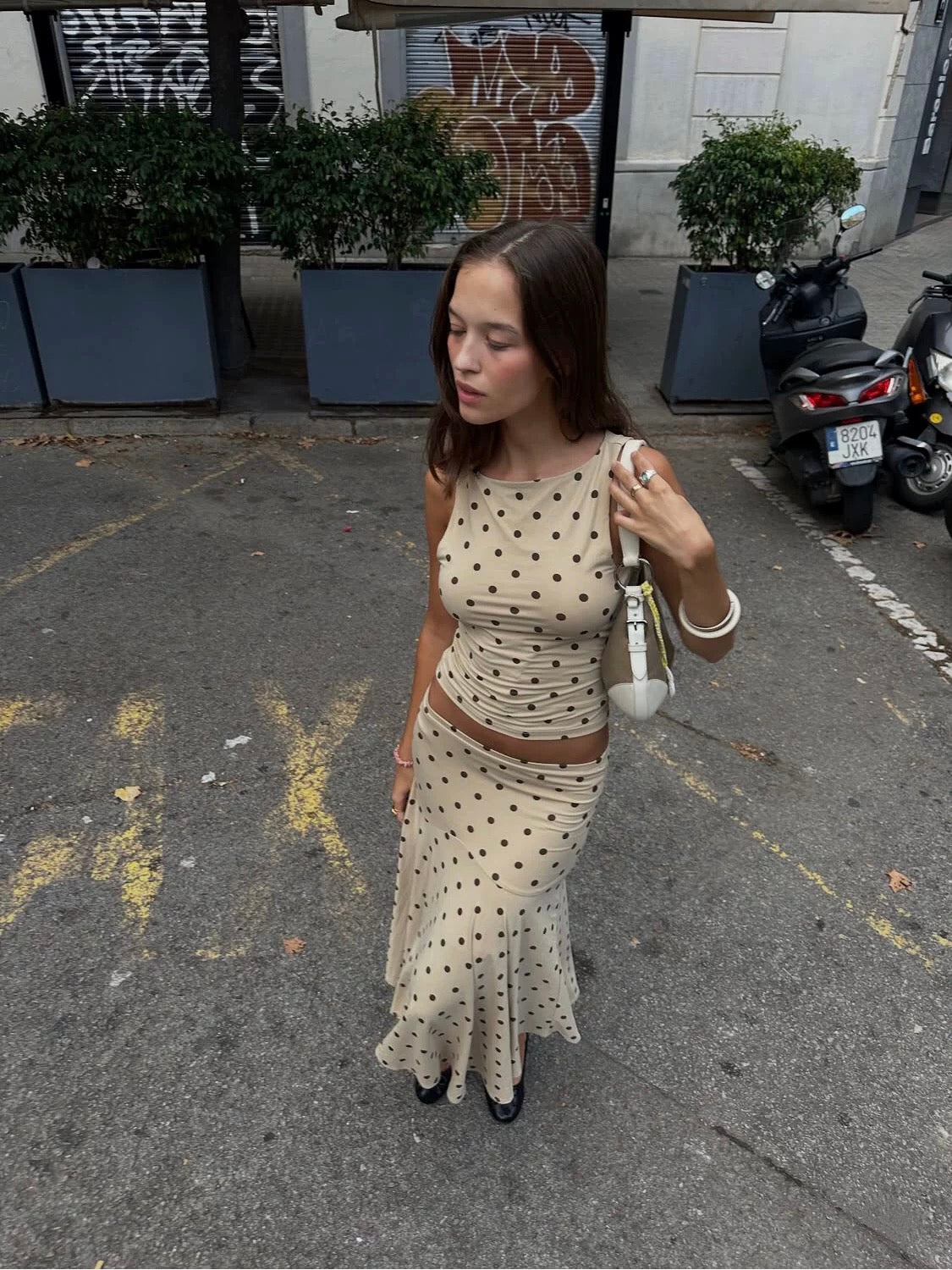Beige Polka Dot Ruffle Maxi Skirt Set