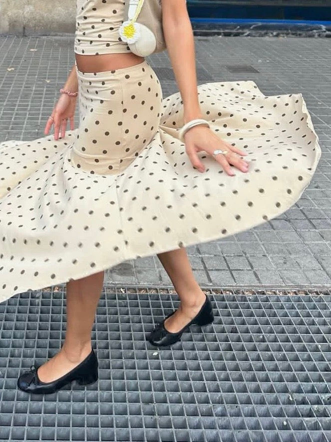 Beige Polka Dot Ruffle Maxi Skirt Set
