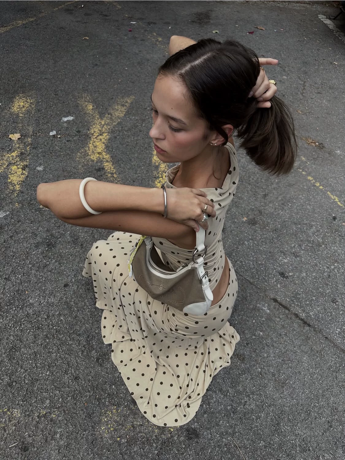 Beige Polka Dot Ruffle Maxi Skirt Set