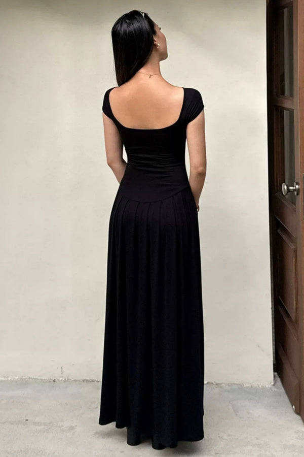 Cap Sleeve Drop Waist Black Maxi Dress
