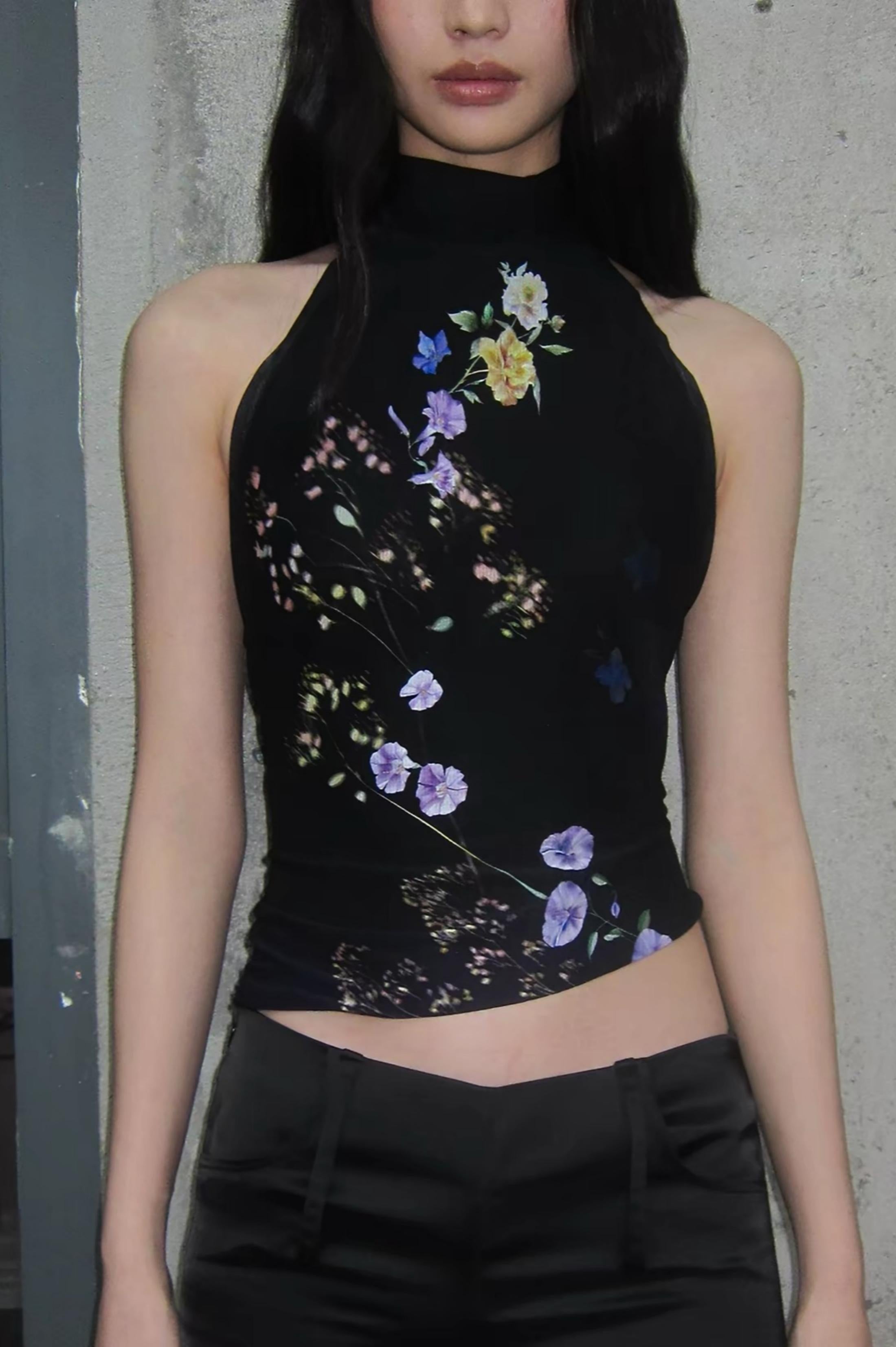 Black Floral Backless Halter Top