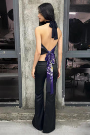 Black Floral Backless Halter Top